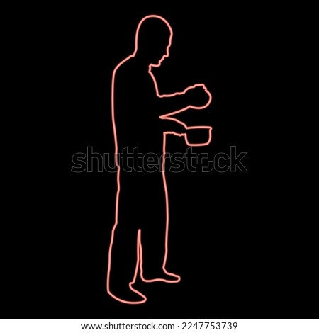 Neon man with saucepan in his hands preparing food Male cooking use sauciers with open lid red color vector illustration image flat style light