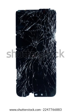 broken screen isolated on a white background, cracked screen phone isolated on white background, broken glass - white lines on black background , top view