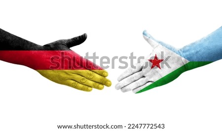 Handshake between Djibouti and Germany flags painted on hands, isolated transparent image.