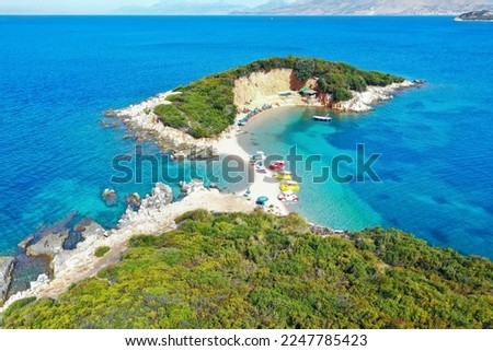 Ksamil beaches. Four islands. The bay. Ksamil. Albania. Sandy embankment. The Ionian Sea. The Tetran Islands archipelago. An uninhabited island. View from above. Drone shooting Royalty-Free Stock Photo #2247785423