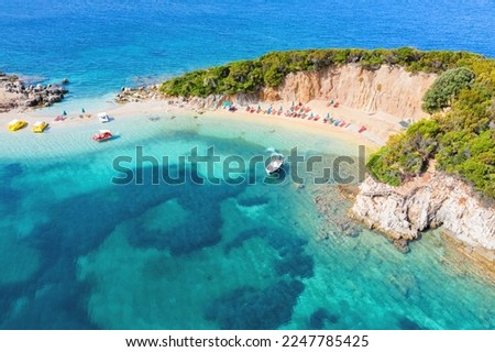 Ksamil beaches. Four islands. The bay. Ksamil. Albania. Sandy embankment. The Ionian Sea. The Tetran Islands archipelago. An uninhabited island. View from above. Drone shooting Royalty-Free Stock Photo #2247785425