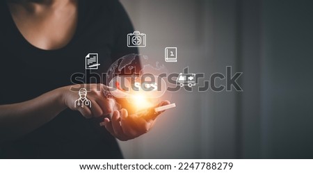 Woman using Smartphone with Emergency app in home, call phone, Chat message icon, Emergency application from smartphone for elderly, technology concept.Old hand touch mobile phone and call for help.