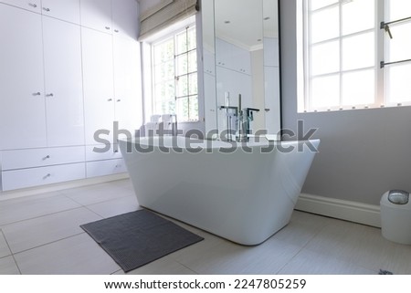 Free standing bath in luxury modern bathroom at home, with copy space. Interior design, comfort and domestic life concept.
