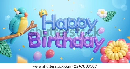 3D Birthday balloon typography banner. Twisted balloon blue bird on twig and flowers on light blue background.