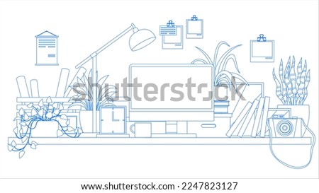 Modern home office interior line art. Remote workplace with desk, lamp, computer and potted plants. Front view of empty working place with furniture. Workspace, freelance or studying concept Royalty-Free Stock Photo #2247823127