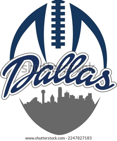 Custom Illustrated football logo with the city skyline silhouette of Dallas Texas showing laces above. Vector eps graphic design.