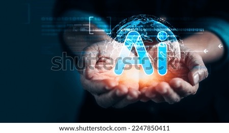 Businessman hand holding virtual digital AI icons for online information network. Artificial intelligence, innovation and technology Concept