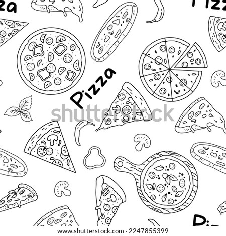 Pizza doodle seamless pattern. Vector outline sketch on white