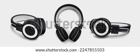 Headphones for listen music, stereo sound, audio. Dj headset, modern black and white wireless earphones in top, side and angle view, vector realistic set isolated on transparent background Royalty-Free Stock Photo #2247855503