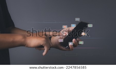 Social media and digital online on mobile phone. man using smartphone with social media to interactions icon on internet post. Data and marketing concept.