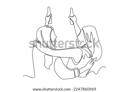 Single one line drawing two girls having fun and drinking together. Hangouts With Friends concept. Continuous line draw design graphic vector illustration. Royalty-Free Stock Photo #2247860969