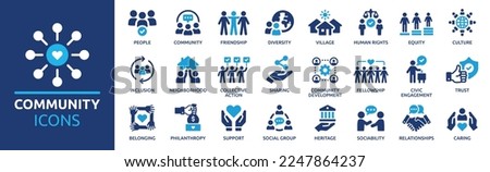 Community icon set. Containing people, friendship, social, diversity, village, relationships, support and community development icons. Solid icon collection. Royalty-Free Stock Photo #2247864237