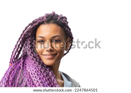 portrait of beautiful african american young woman with afro hairstyle with nose piercing isolated on white background,studio shot,girl with colored hair,purple curls Royalty-Free Stock Photo #2247864501