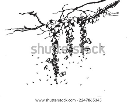 Nature sketch with butterflies around flowers. Black isolated on white background. Using for travel and nature background 
