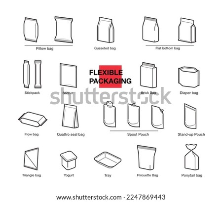 Set of types of flexible packaging. Infographics icons. Vector illustration isolated on white background, ready and simple to use for your design. EPS10. Royalty-Free Stock Photo #2247869443