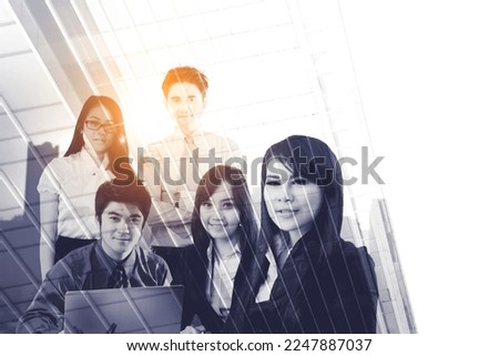 Asian business people with laptop posing together isolated over white background