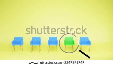 Human Resource Management,  Recruitment and Hiring concept. The green chair is in the group of blue chairs. Use a magnifying glass to locate employees, Job interviews, 3d render illustration.