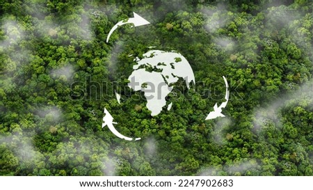 Recycle and Zero waste symbol in the middle of a beautiful untouched jungle  for Sustainable environment development goals on Top view of nature. SDGs, ESG, NetZero, and co2 concept. Royalty-Free Stock Photo #2247902683