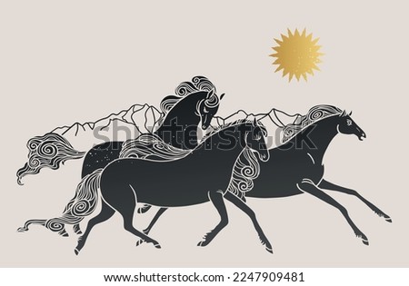 Three running horses. Vector hand drawn illustration