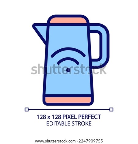 Smart kettle pixel perfect RGB color icon. Water boiling. Kitchen appliance. Remote control via app. Internet of things. Isolated vector illustration. Simple filled line drawing. Editable stroke
