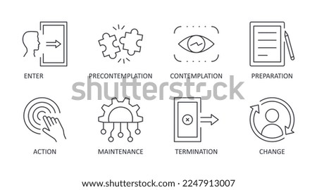 Stages of change vector icons. Editable stroke line set text. The transtheoretical model of health behavior change: enter precontemplation contemplation preparation action maintenance and termination Royalty-Free Stock Photo #2247913007