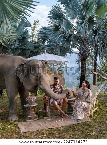 A couple visiting an Elephant sanctuary in Chiang Mai Thailand during vacation, an Elephant farm in the mountains jungle of Chiang Mai Thailand. 