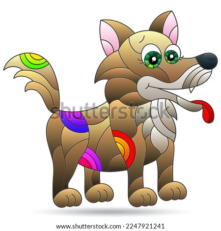 A stained glass-style illustration with a cute cartoon dog, an animal isolated on a white background