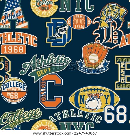 College athletic elements badges patchwork vintage vector seamless pattern for sport wear Royalty-Free Stock Photo #2247943867