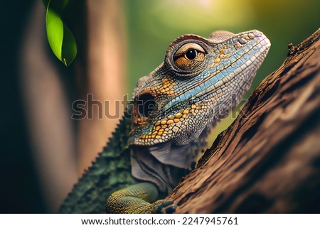 Close-up of a reptile in its natural habitat on a tree branch, set against a stunning HD natural background wallpaper Royalty-Free Stock Photo #2247945761