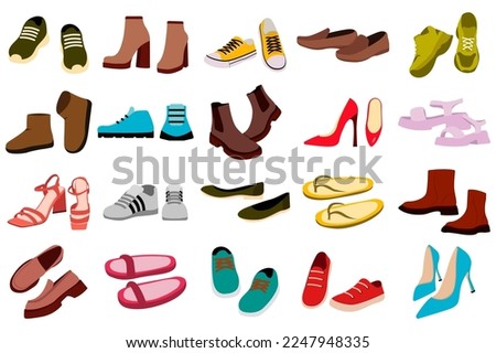 Footwear set concept without people scene in the flat cartoon design. Images of different types of men's and women's shoes. Vector illustration.