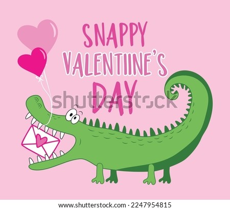 Snappy Valentine's Day - funny alligator with balloons and envelope. Good for greeting card, poster, t shirt print, label, mug and other gifts design.