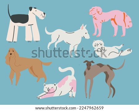 Cute dogs and cats doodle vector set. Cartoon dogs and cats characters design collection with flat color in different poses. Carton design. All ellements is isolated 