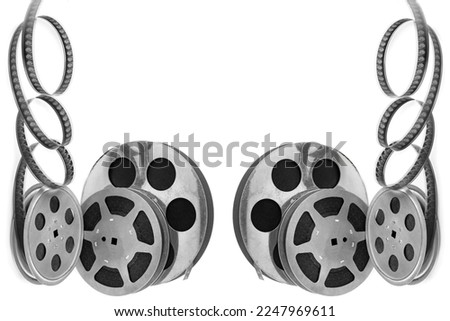 Film reel isolated on white background. Collage. Free space for text.