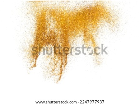 Explosion metallic gold glitter sparkle bokeh isolated white background decoration. Golden Glitter powder spark blink celebrate, blur foil part explode in air, fly throw gold glitters particle shape Royalty-Free Stock Photo #2247977937
