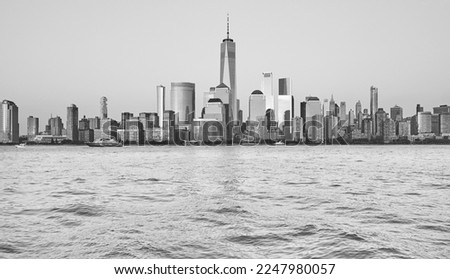 Black and white picture of Manhattan waterfront, New York City, USA.