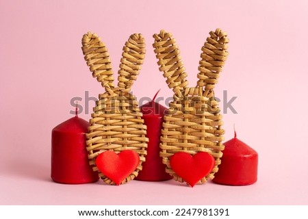 valentine's day gift, wicker bunny figurines, red candles, red heart, 
