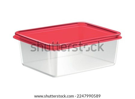 Plastic food container composition with isolated realistic image of transparent container with colored cap vector illustration