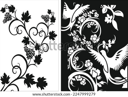two vector bird pattern designs with white and black flowers