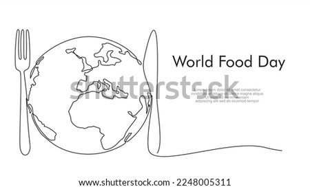 Continuous one single line drawing of Globe, knife and fork. World Food day isolated on white background. Vector Illustration. Royalty-Free Stock Photo #2248005311