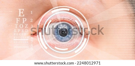 laser and glaucoma eye surgery concept, close up of eye with reticle  or target overlay; also useful for conveying lasik procedures Royalty-Free Stock Photo #2248012971