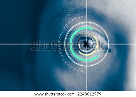 laser and glaucoma eye surgery concept, close up of eye with reticle  or target overlay; also useful for conveying lasik procedures Royalty-Free Stock Photo #2248012979