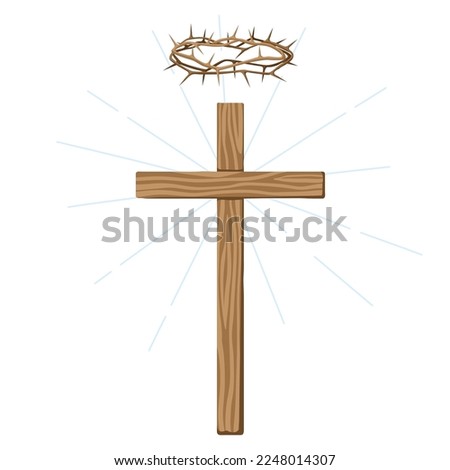 Christian illustration of wooden cross and crown of thorns. Happy Easter image.