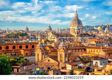 Aerial panoramic cityscape of Rome, Italy, Europe. Roma is the capital of Italy. Cityscape of Rome in summer. Rome roofs view with ancient architecture in Italy. Rome architecture and landmark. Royalty-Free Stock Photo #2248023259