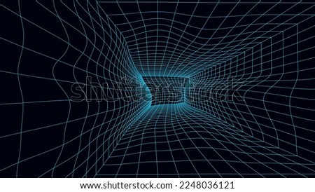 3D wireframe deformed room on the blue background. Optical illusion. Vector perspective glitch grid. Box with digital space. Royalty-Free Stock Photo #2248036121