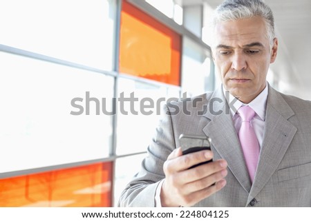 Middle aged businessman using smart phone at railroad station