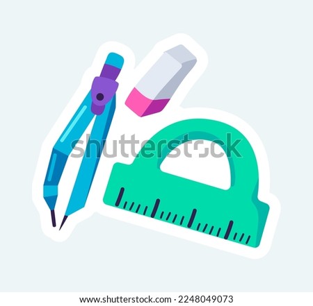 Ruler, eraser and compasses for math lesson. Science and education. Vector illustration in cartoon sticker design