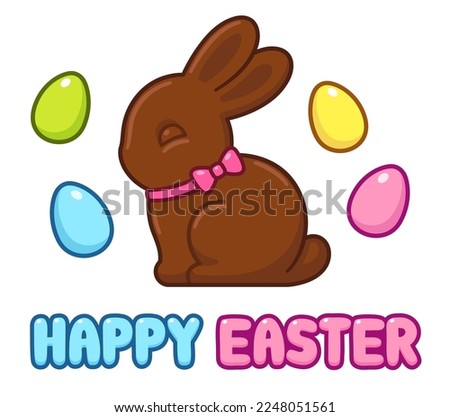 Happy Easter egg hunt design with chocolate bunny. Cute cartoon vector illustration.