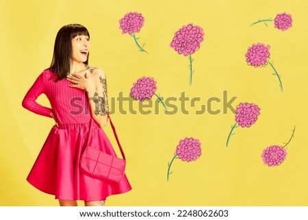 Creative colorful design. Modern art collage. Emotive, beautiful young girl in pink clothes posing over bright yellow background with flowers. Concept of holiday, women's day, beauty. Poster, ad