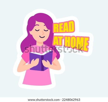 Happy woman reading book and doing hobby. Stay at home. Vector illustration in cartoon sticker design