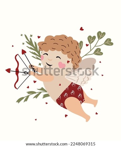 Cute cupid with arrow for valentine's day with leaves around. Funny cupid as a symbol of love. The concept of St. Valentine Cupid for greeting cards, posters, banners. Vector.